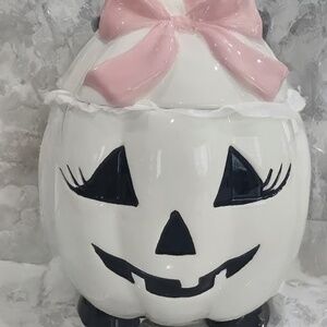 Halloween Ceramic Cookie Jar Canister White Pumpkin w Pink Bow Spooky Hollow